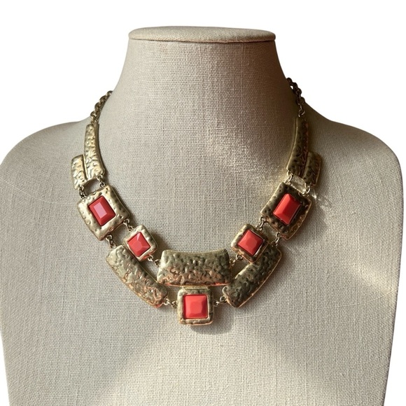 Hammered Gold and Orange Statement Necklace - Picture 1 of 7